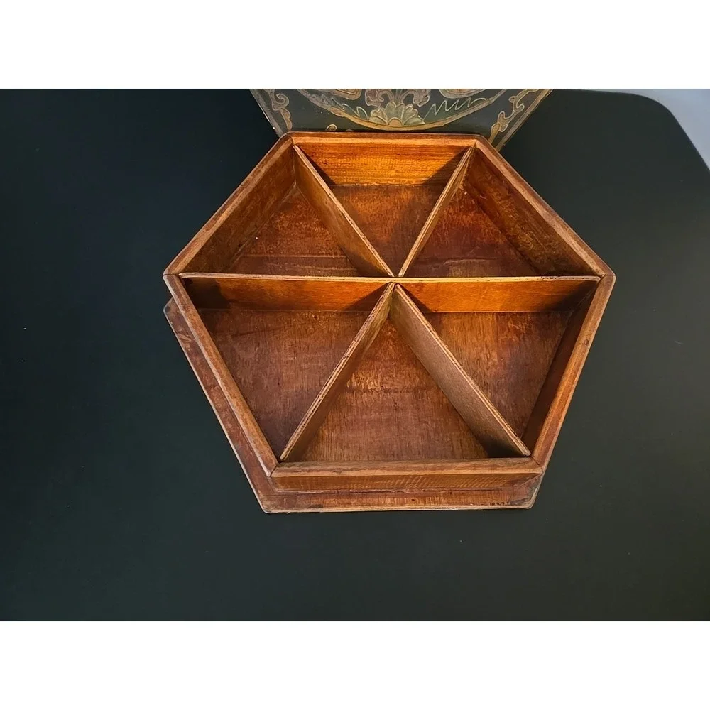 Antique Large Hexagonal Wooden Box Asian Hand Painted 6 Inside Compartments Rare